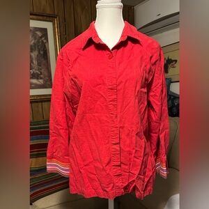 Festive Red Button-Up Shirt with Striped Cuffs, Linen Mix, Vintage Size 14